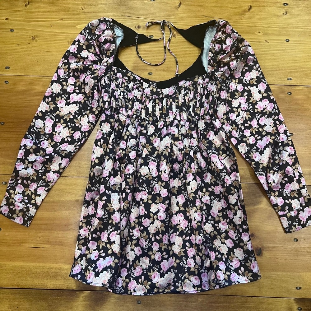 For Love & Lemons Kate Long Sleeve Mini Dress Floral Pink Black XS Babydoll NWT